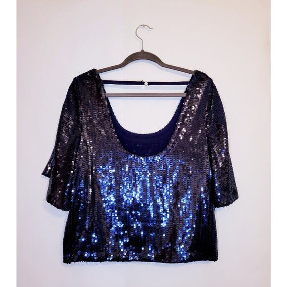 Free People Night Fever blue all over sequin top size medium Retro Glam Holiday - Picture 4 of 12